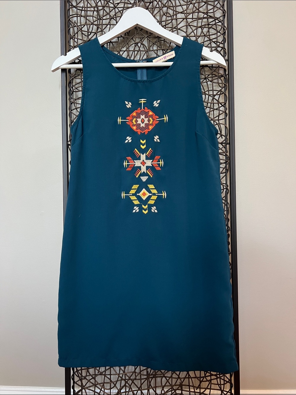 Altar'd State sleeveless shift dress teal blue Aztec embroider boho southwest S